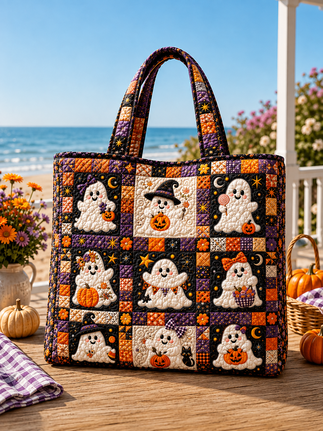 Hallow-Queen Quilted Tote Bag with Black Witch Cat & Pumpkins