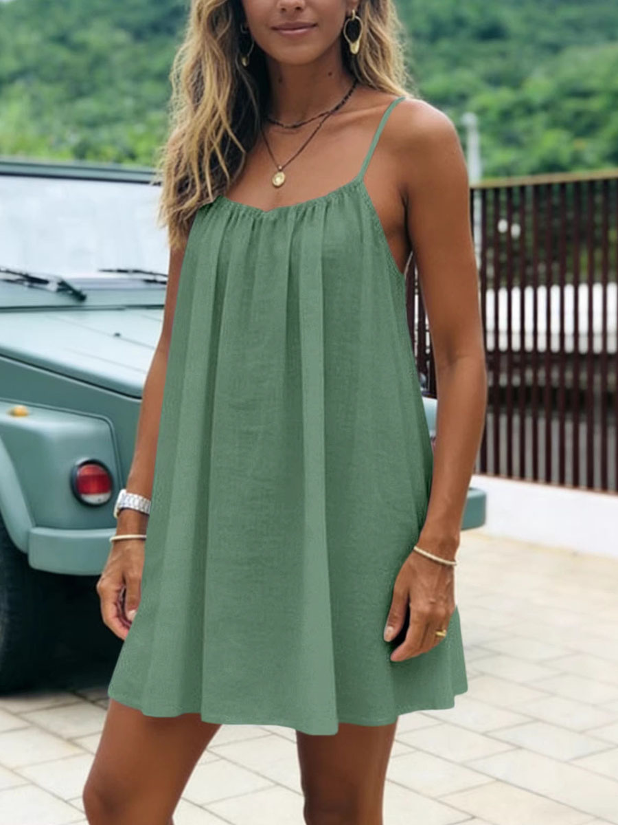 Ice Silk Wrinkled Solid Color Pleated Backless Suspender Beach Vacation Skirt