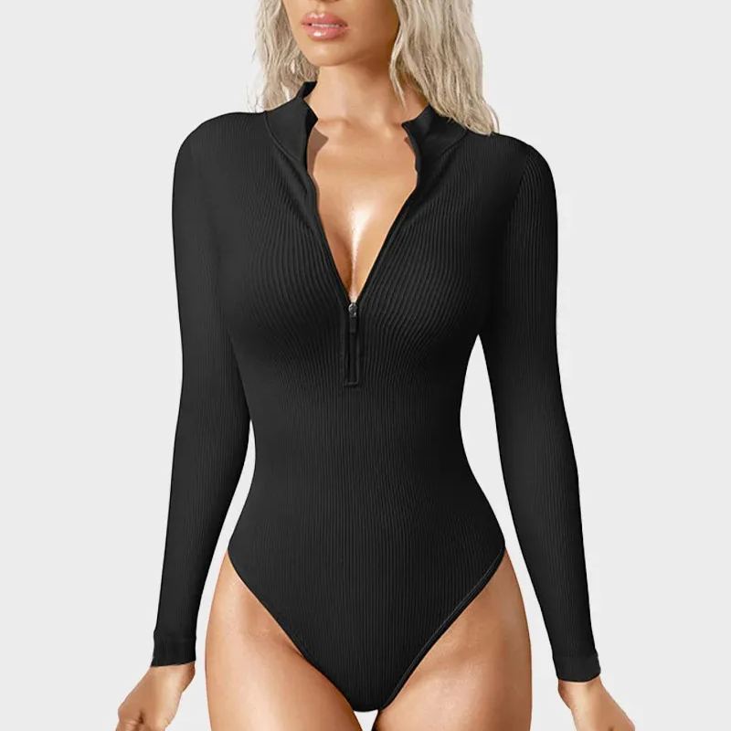 Ribbed Long Sleeve Half-Zip Shaping Bodysuit