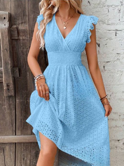 Summer New Lotus Leaf Sleeve V Neck Slim Elegant Plus Size Dress