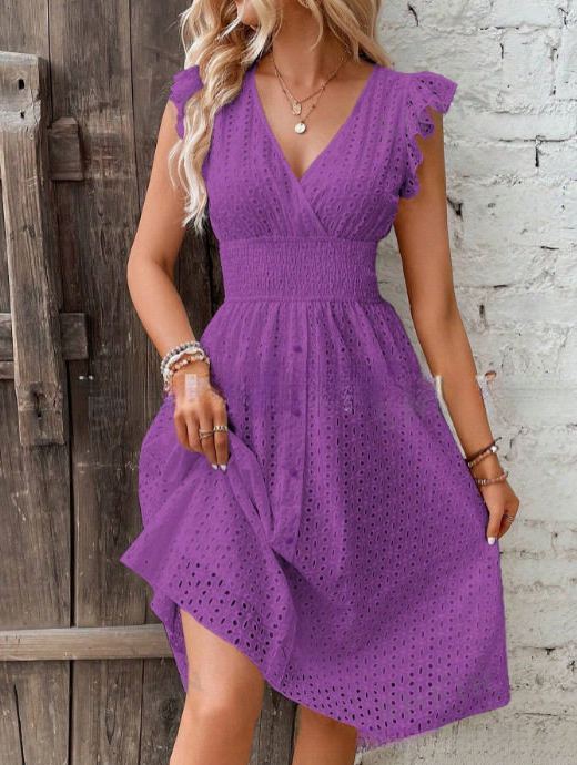 Summer New Lotus Leaf Sleeve V Neck Slim Elegant Plus Size Dress