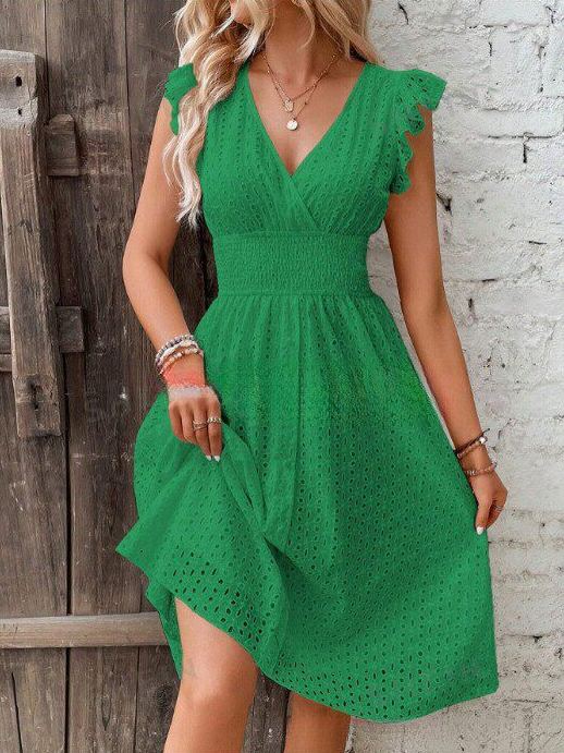 Summer New Lotus Leaf Sleeve V Neck Slim Elegant Plus Size Dress