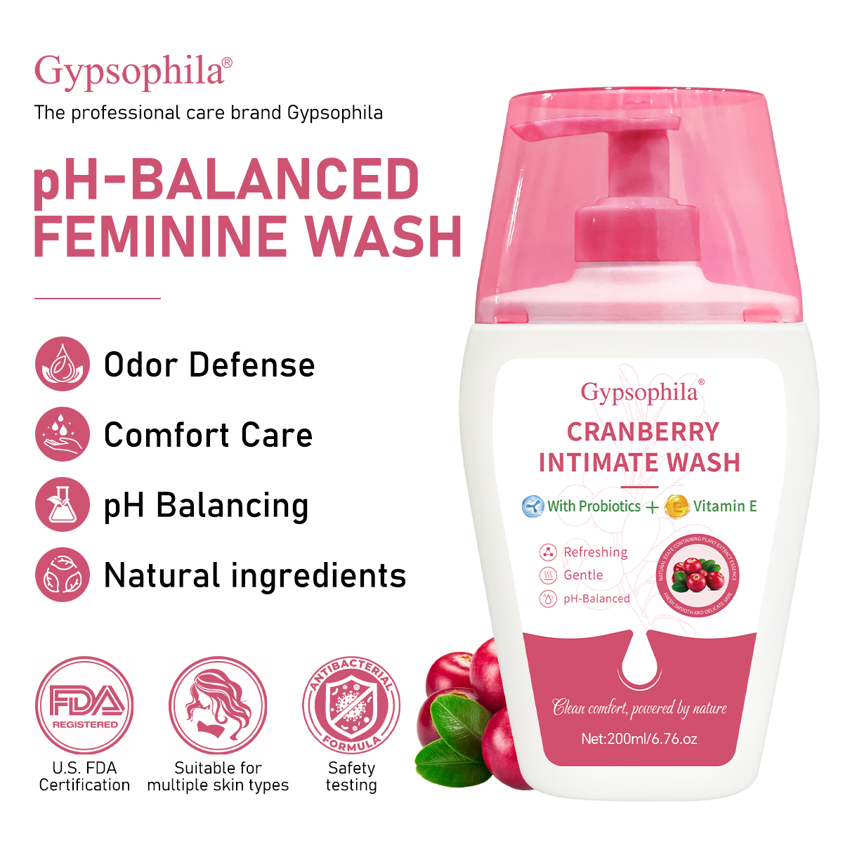 Gypsophila Cranberry Intimate Wash for Women pH-Balanced Daily Feminine Cleanser with Vitamin E 200ml Gentle Fresh Care Natural Botanical Intimate Hygiene Wash Sensitive Skin