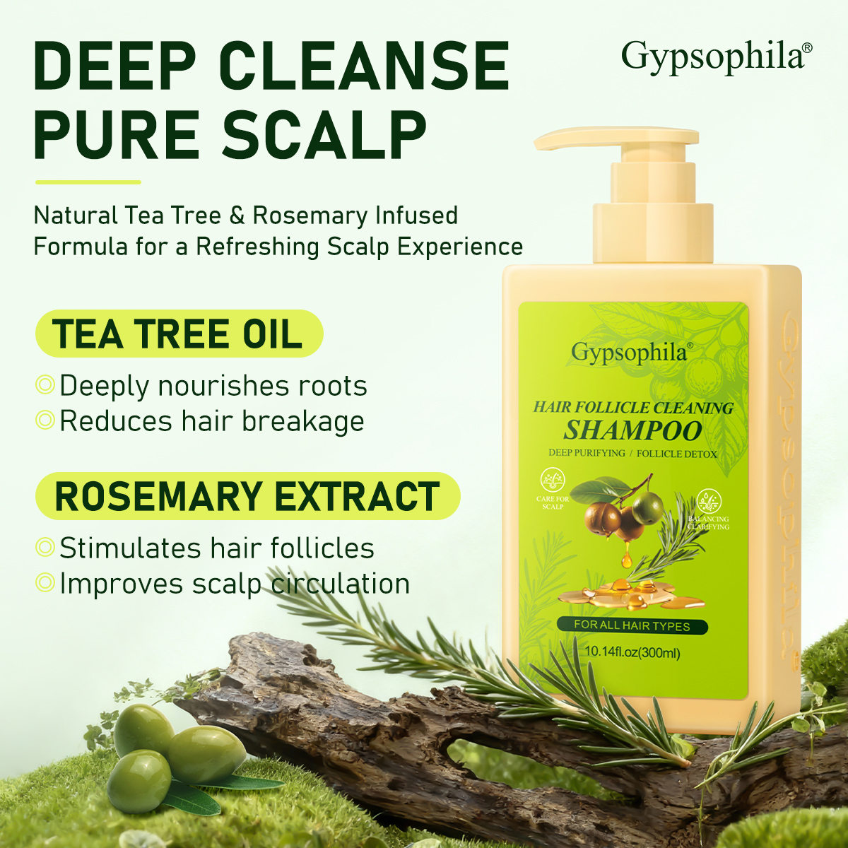Gypsophila Follicl Cleansing Shampoo & Anti-Dandruff Shampoo with Tea Tree Oil & Rosemary Extract – Deep Scalp Purifying & Strengthening, 300ml& Cleansing 10.14 fl.oz Haircare Gentle