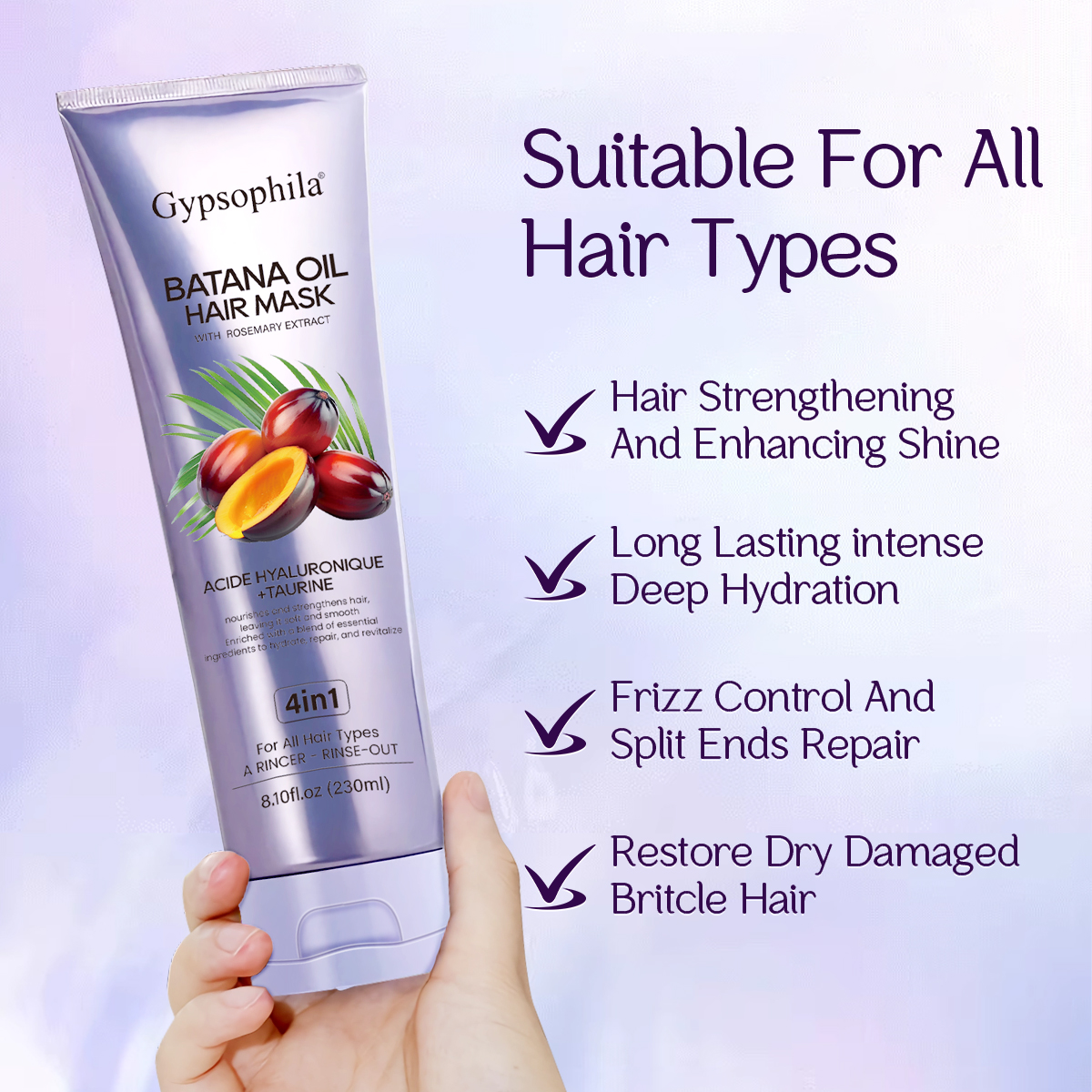 Gypsophila Batana Oil Hair Mask - 4-in-1 Formula to Nourish, Strengthen, Repair & Revive Hair, Reduces Split Ends & Frizz (8.1 Fl Oz/230ml)