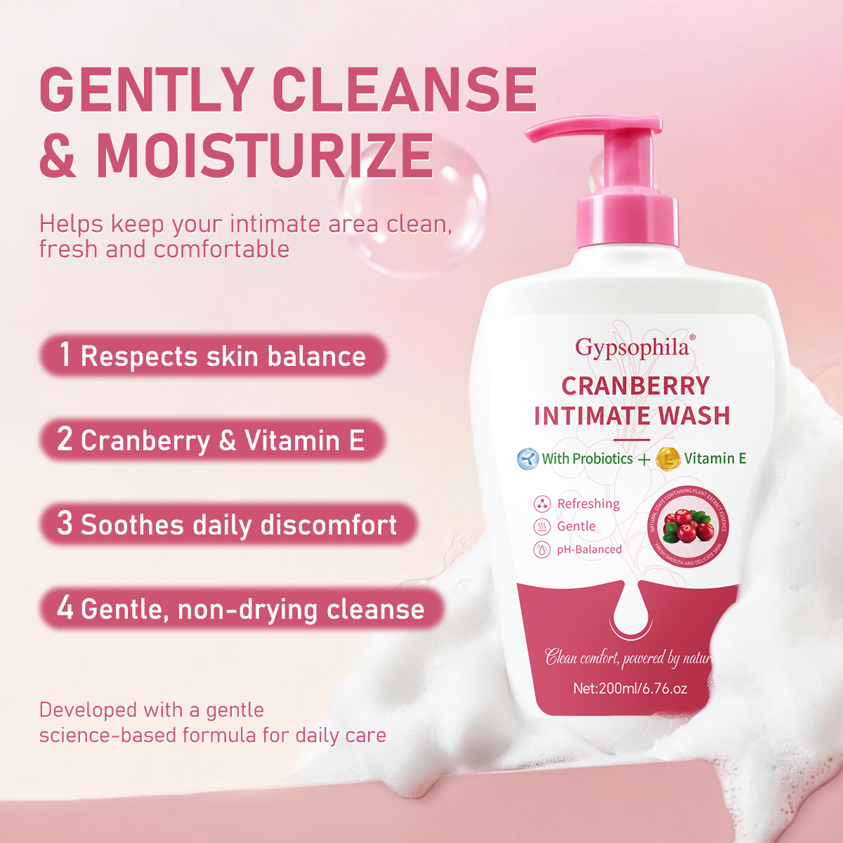 Gypsophila Cranberry Intimate Wash for Women pH-Balanced Daily Feminine Cleanser with Vitamin E 200ml Gentle Fresh Care Natural Botanical Intimate Hygiene Wash Sensitive Skin