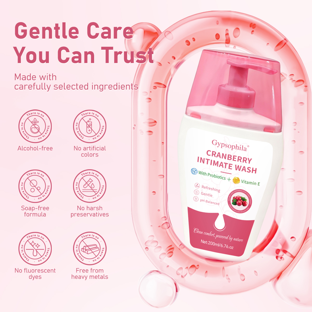 Gypsophila Cranberry Intimate Wash for Women pH-Balanced Daily Feminine Cleanser with Vitamin E 200ml Gentle Fresh Care Natural Botanical Intimate Hygiene Wash Sensitive Skin