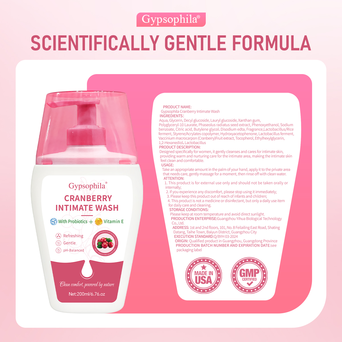 Gypsophila Cranberry Intimate Wash for Women pH-Balanced Daily Feminine Cleanser with Vitamin E 200ml Gentle Fresh Care Natural Botanical Intimate Hygiene Wash Sensitive Skin
