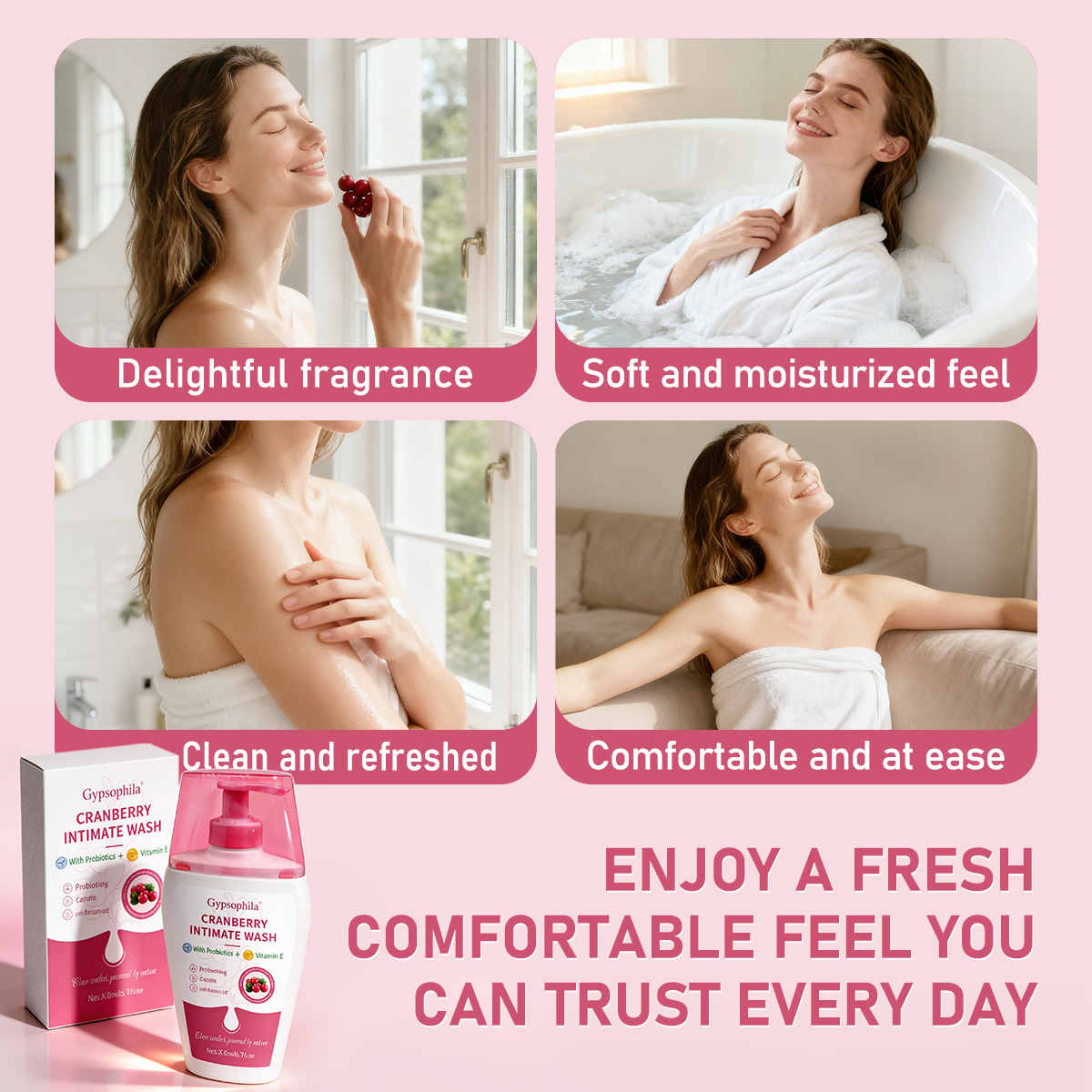 Gypsophila Cranberry Intimate Wash for Women pH-Balanced Daily Feminine Cleanser with Vitamin E 200ml Gentle Fresh Care Natural Botanical Intimate Hygiene Wash Sensitive Skin