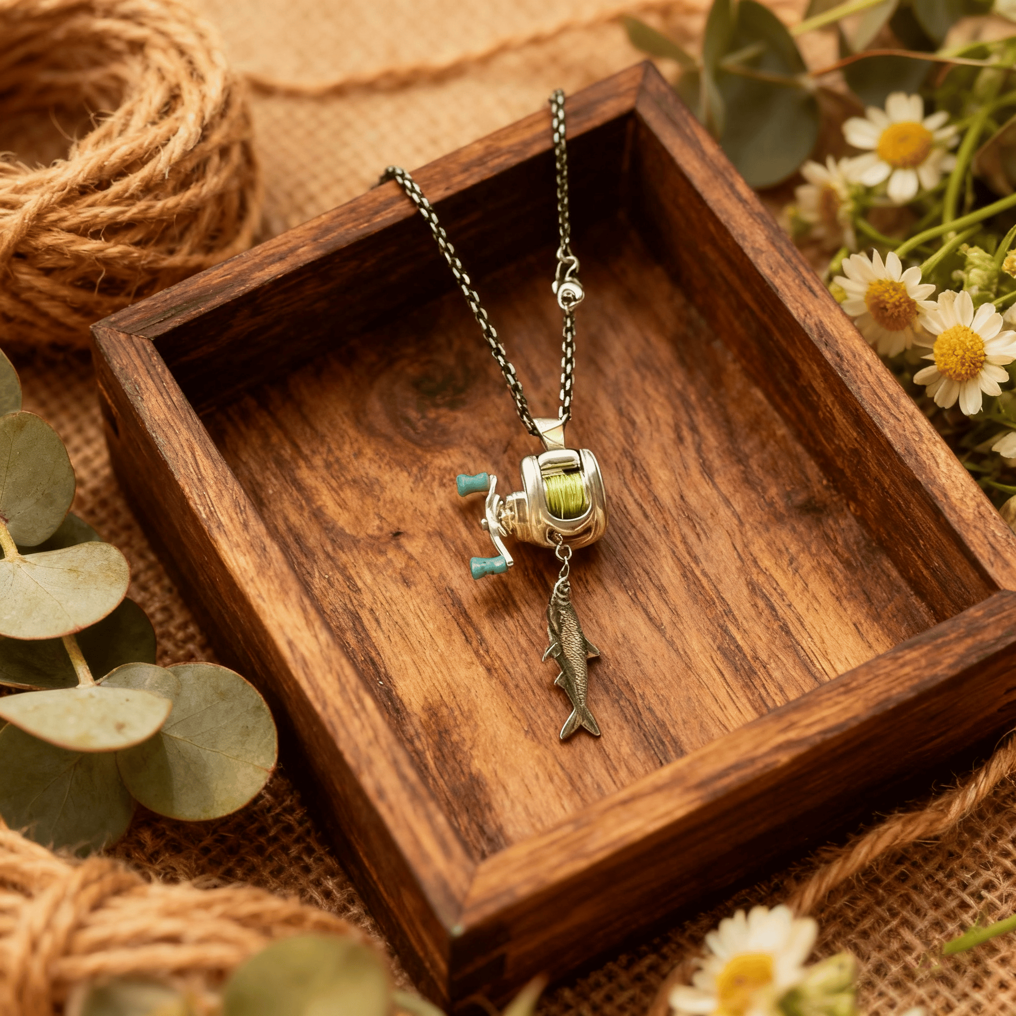 💍Lure reel pendant and ring combo set - rotating arm, suitable as a fishing ornament and gift🎁