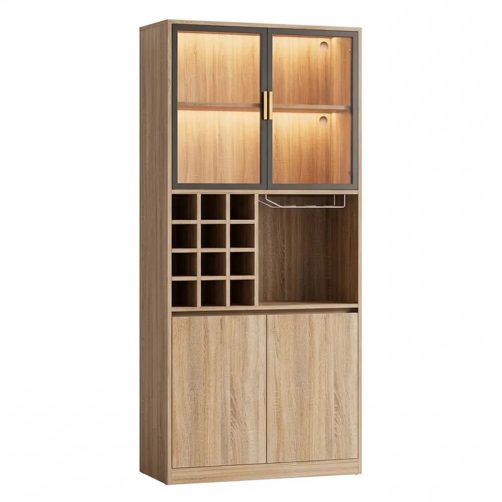 Multifunktionaler Schrank mit Glasfront und LED-Beleuchtung – Badezimmer, Weine und Vitrine in Einem, mit anpassbarer Beleuchtung und drei offenen Fächern, modern und minimalistisch