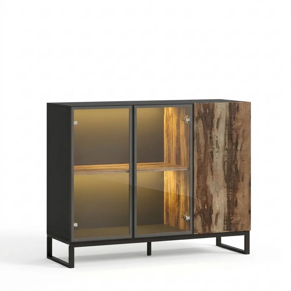 Glasvitrine mit LED-Beleuchtung und Glastüren, Schrank mit Regalen 120 x 41 x 95 cm