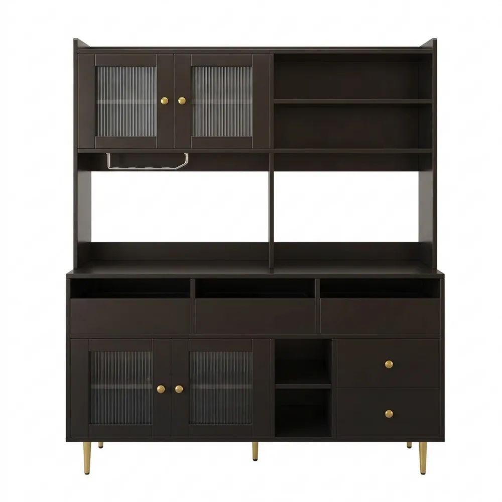 Moderner Küchenschrank mit Weinglashalter und Glastüren, Hochglanz-Schrank mit Goldakzenten, Schwarz, 145 x 39 x 171 cm