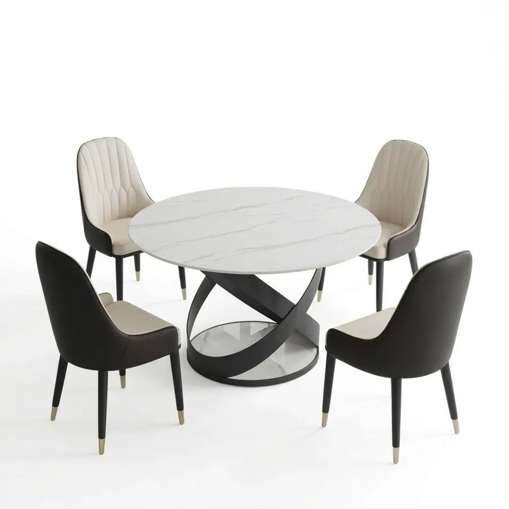 Runder Hochglanz-Esstisch 130cm für 4 Personen, weißer Marmor-Look aus Sinterstein, stabile X-Basis aus Stahl