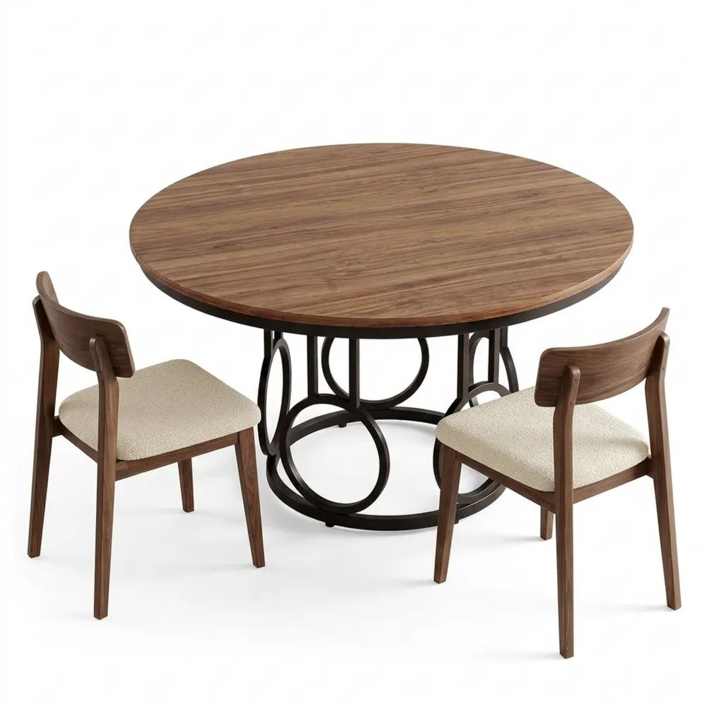 Runder Esstisch im Industriestil für 4 Personen, Nussbaum & Schwarz