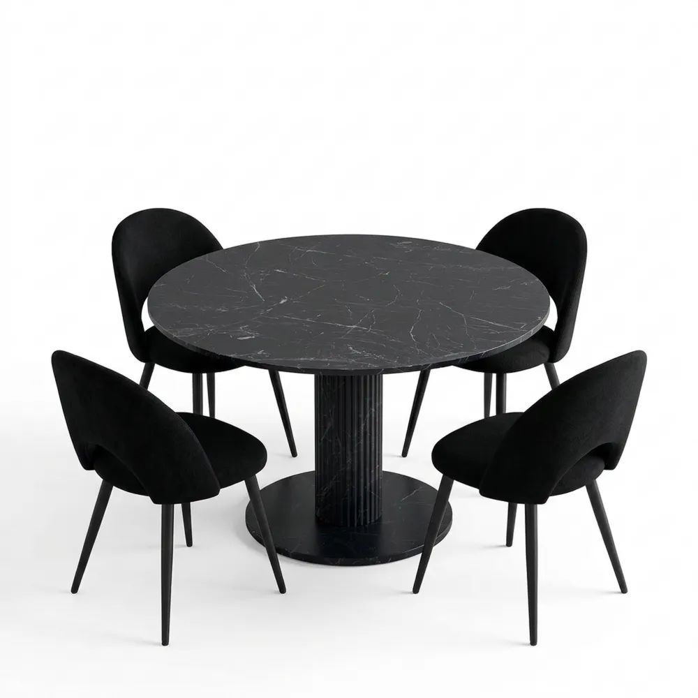 Runder Esstisch mit vier gepolsterten Stühlen, MDF mit Marmoroptik