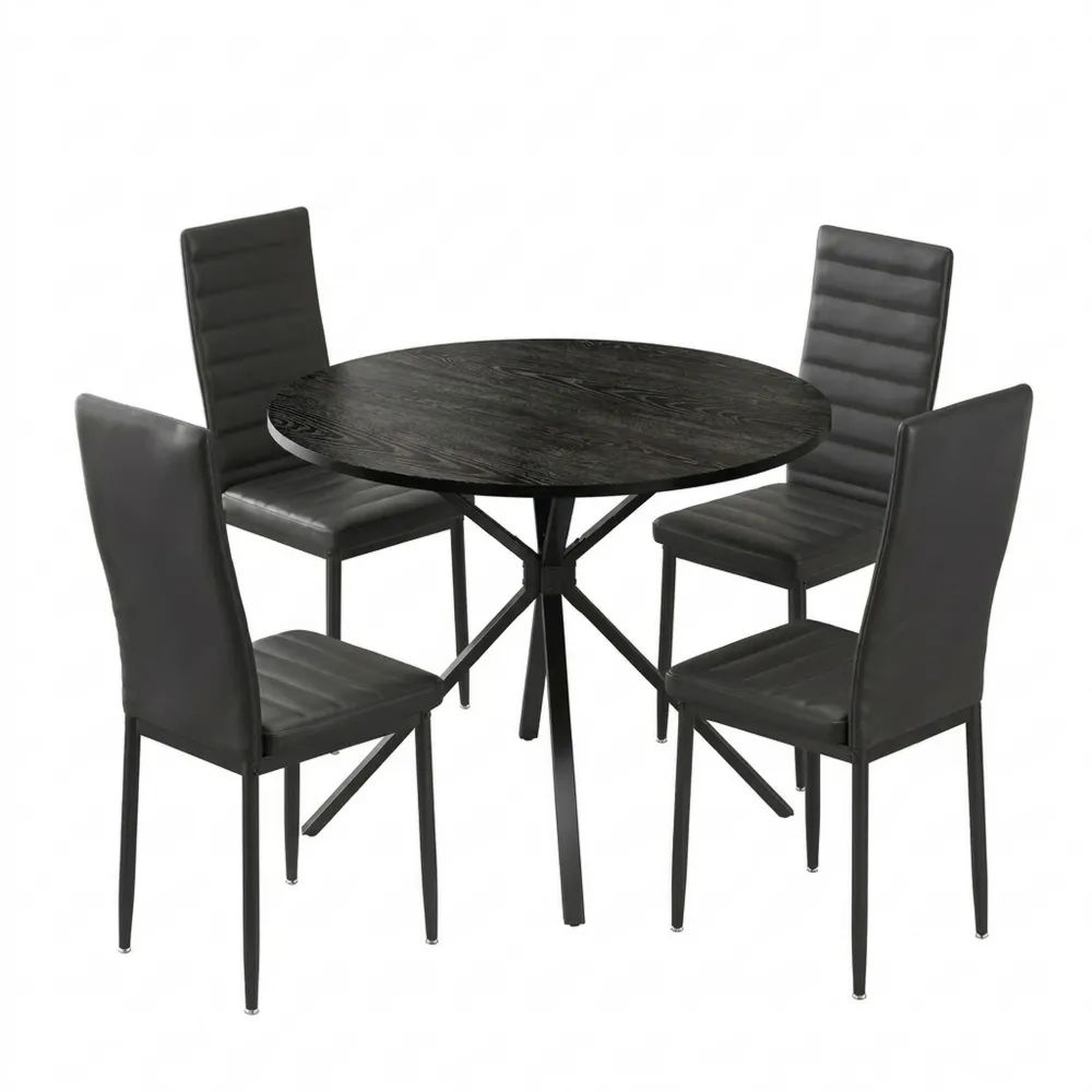 Runder Esstisch-Set mit 4 gepolsterten Stühlen, für Küche und Wohnzimmer, Schwarz