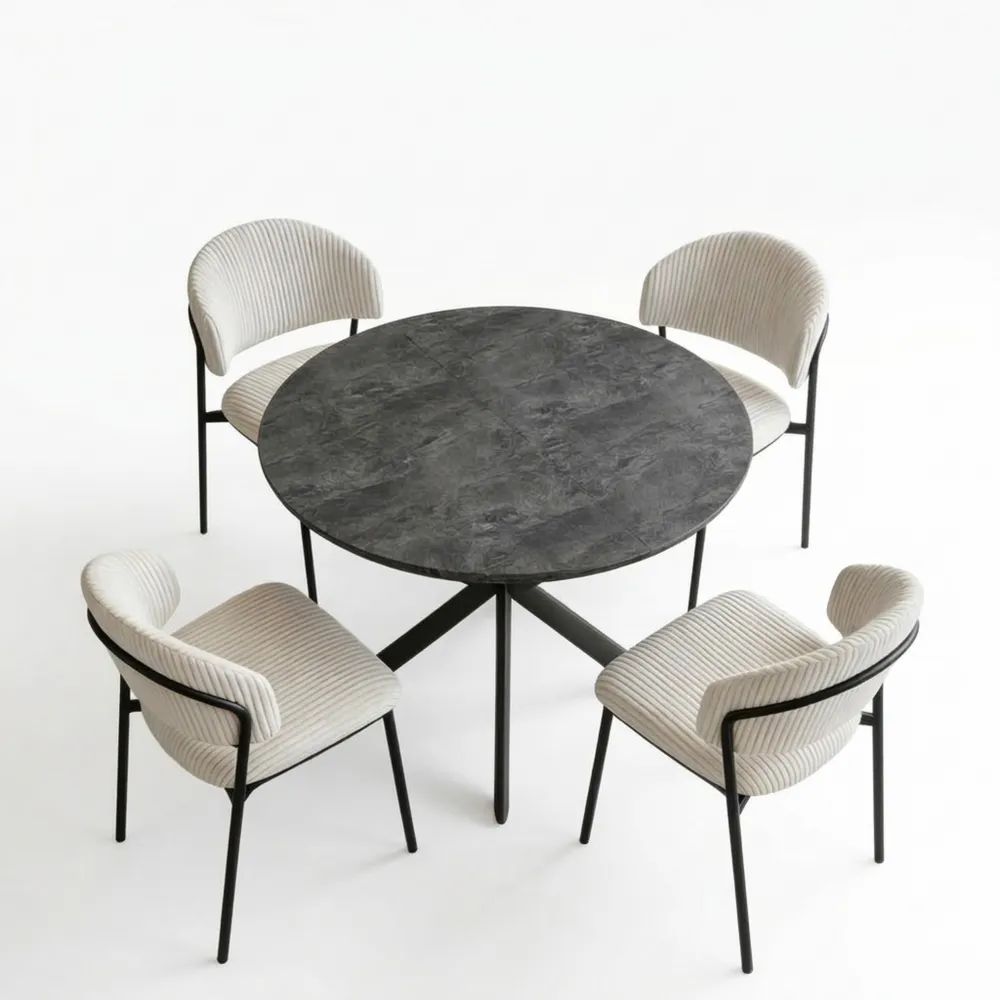 Runder ausziehbarer Esstisch mit Stühlen, modernes Design, MDF und Metall, dunkel