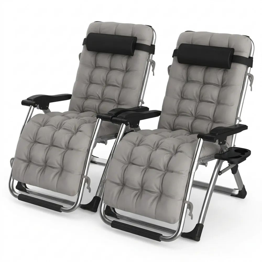 Klappbare Gartenliege mit Kopfstütze und Getränkehalter, 200 kg Tragfähigkeit, Set aus 2 Liegestühlen, Grau