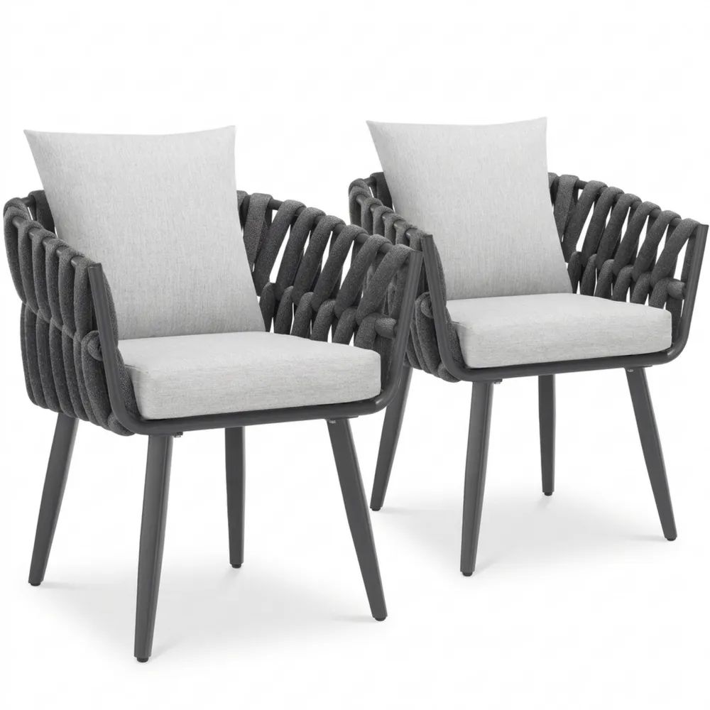 Moderne Gartenstühle mit Kissen, Metallrahmen, Seildesign, ideal für Balkon und Terrasse