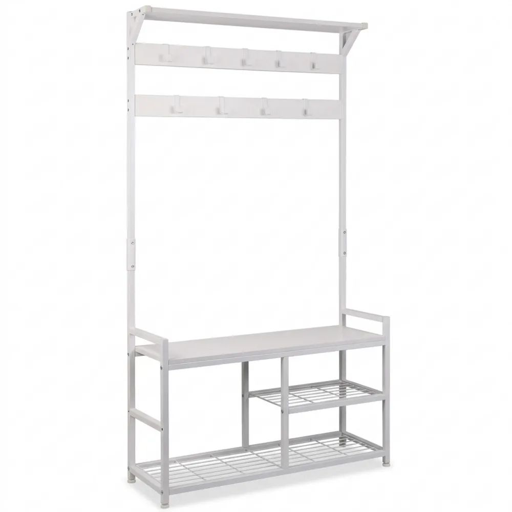 Rustikaler Kleiderständer mit Sitzbank aus Metall, Weiß, 182x30x84cm