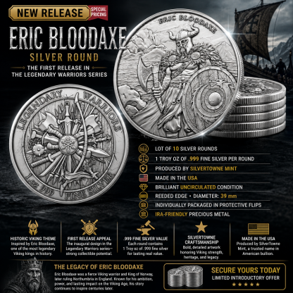 New Release🔥 Lot of 10 – 1 Troy oz Eric Bloodaxe Design .999 Fine Silver Rounds