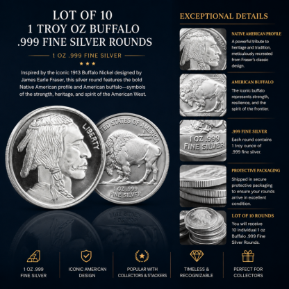 Lot of 10 – 1 Troy oz Buffalo .999 Fine Silver Rounds