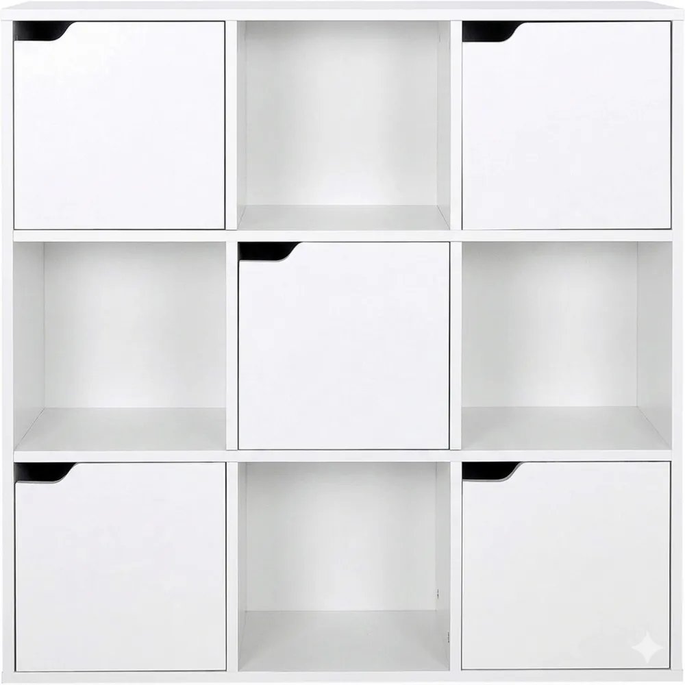 Moderner Bücherschrank mit 9 Fächern und 5 Türen, vielseitig einsetzbar