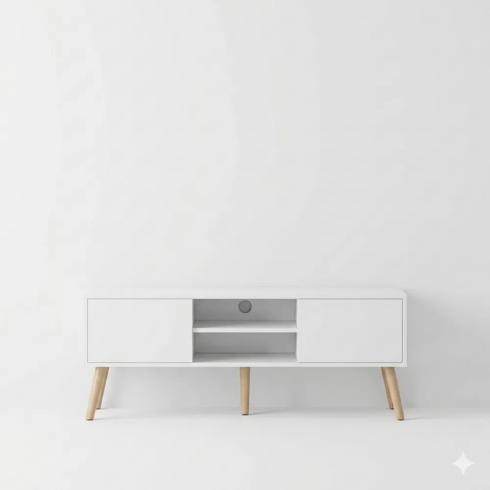 Moderner Fernsehtisch mit Türen und Regalen, Weiß