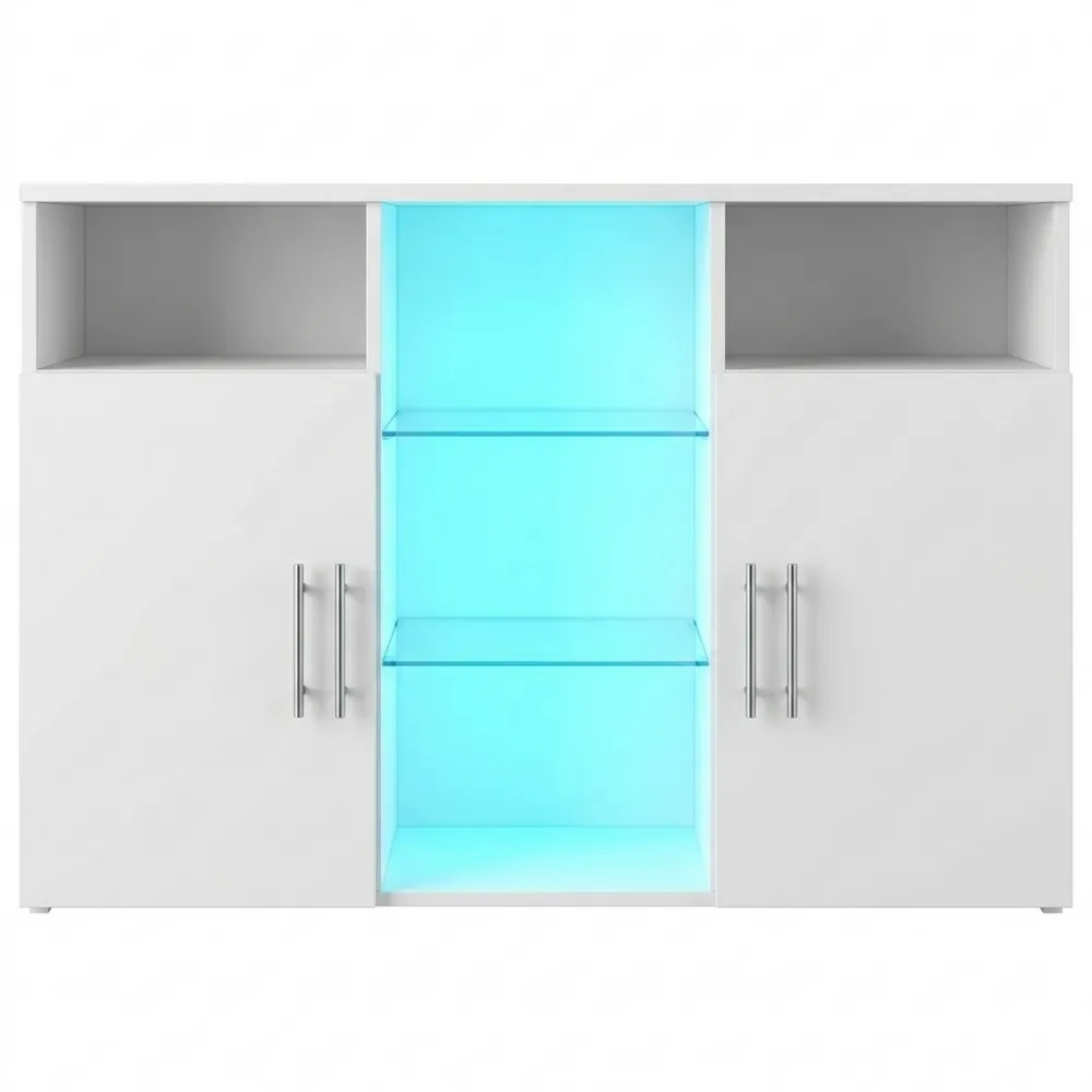 Moderner TV-Schrank mit LED-Beleuchtung, Weiß, 120x30x50 cm, Holzwerkstoff und Sicherheitsglas, Lowboard mit Ablagen