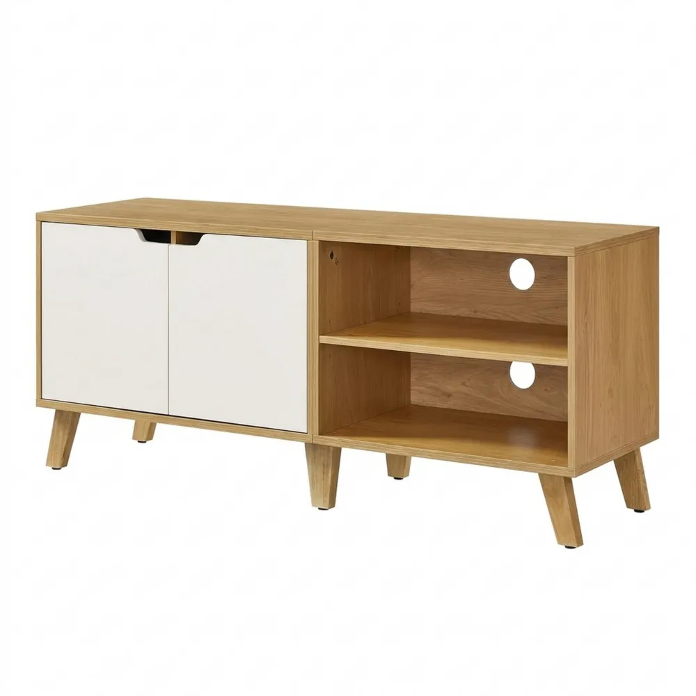 Moderner Fernsehschrank mit verstellbaren Ablagen, 140 cm, naturweiße Eiche