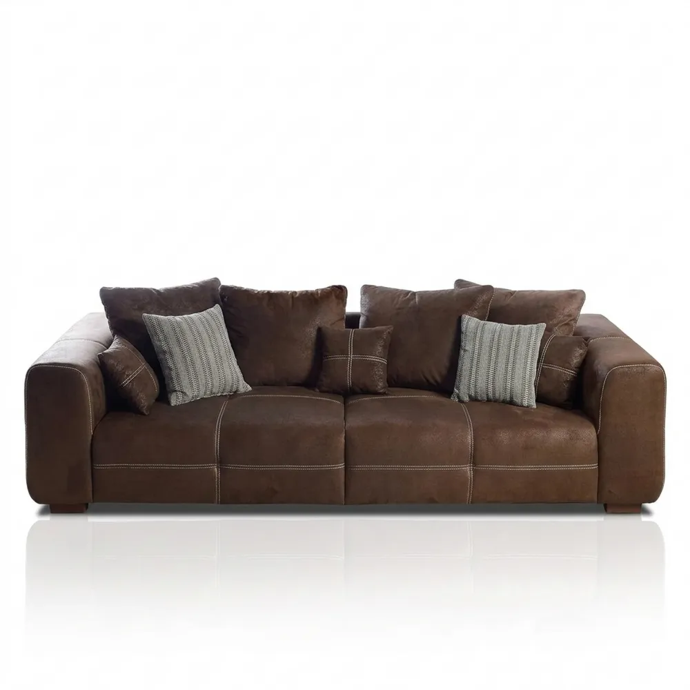 Großes Sofa mit Mikrofaserbezug in Lederoptik, inklusive Kissen, 287 x 69 x 108 cm, Antik Braun