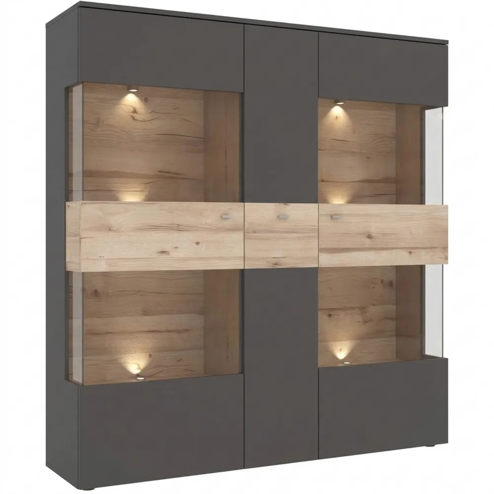 Hohe Vitrine mit Türen und Glaselementen, Wolframgrau und Eichenoptik, 149,8 x 152,1 x 41,3 cm