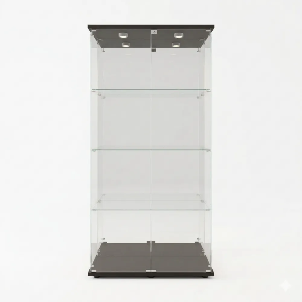 Moderne Glasvitrine mit LED-Beleuchtung, 4 Ebenen und 2 Türen