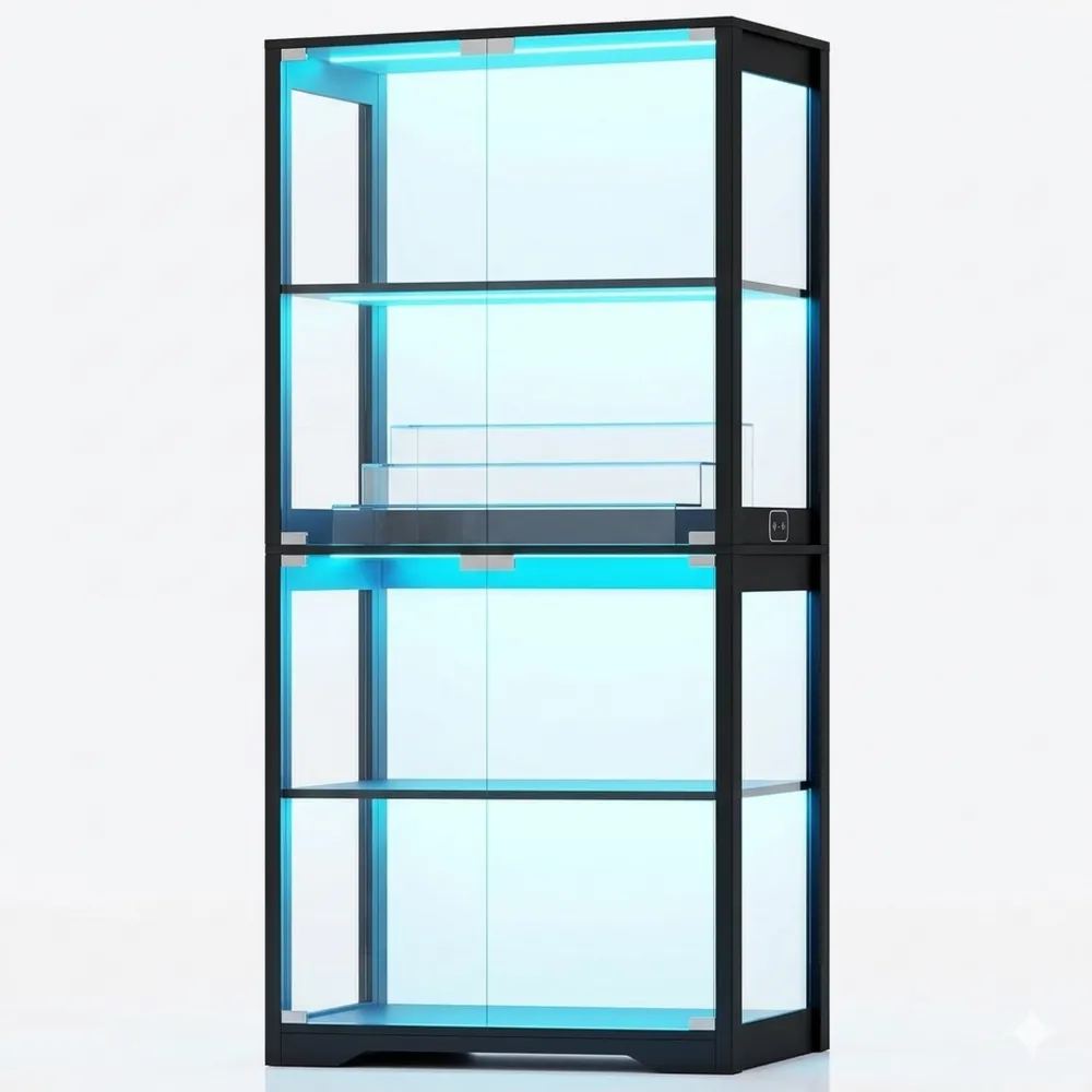 Moderne Vitrine mit LED-Leuchten und Glastüren, staubdichtes Design