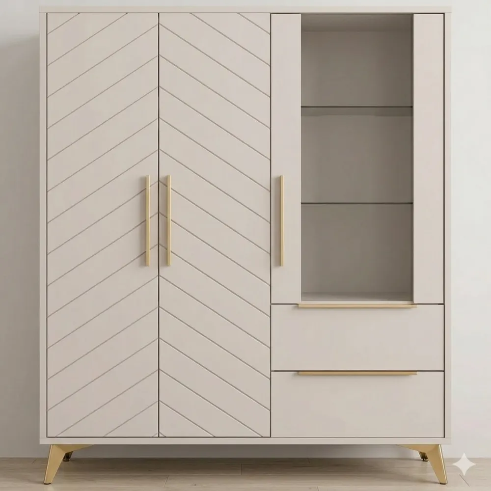 Elegante Standvitrine mit geriffelten Fronten und goldenen Akzenten, mehrzweckfähig in Sandbeige
