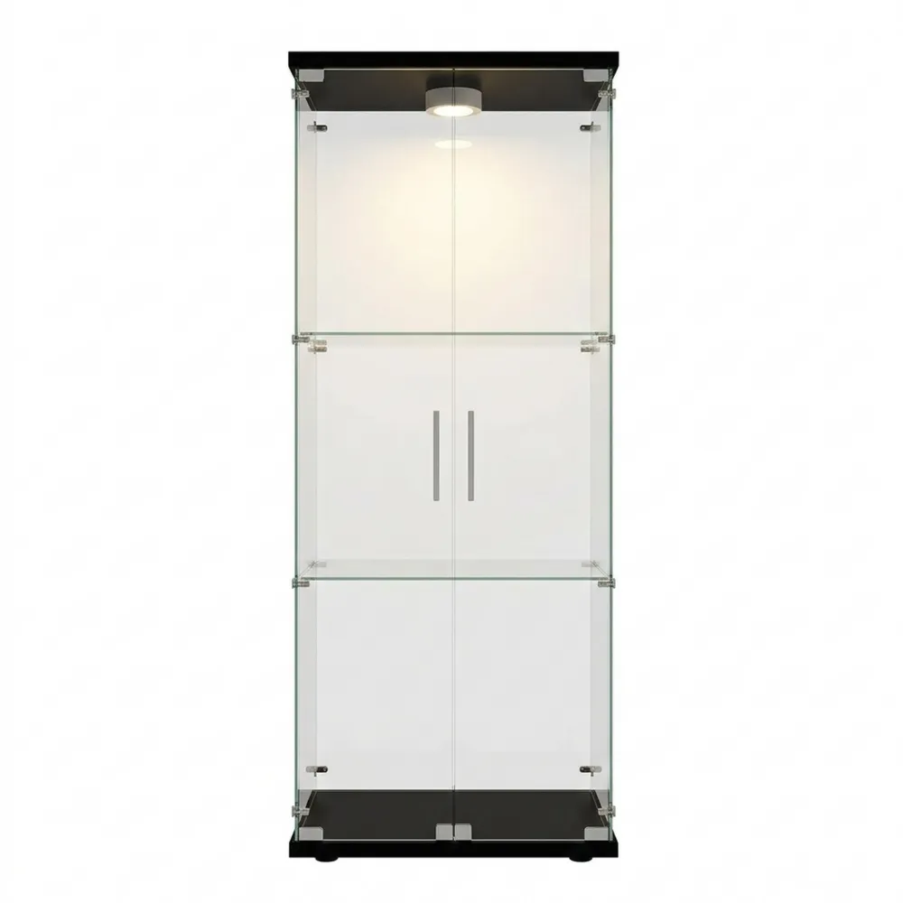 Moderne Glastür-Vitrine mit LED-Beleuchtung, 3 Ebenen, freistehend