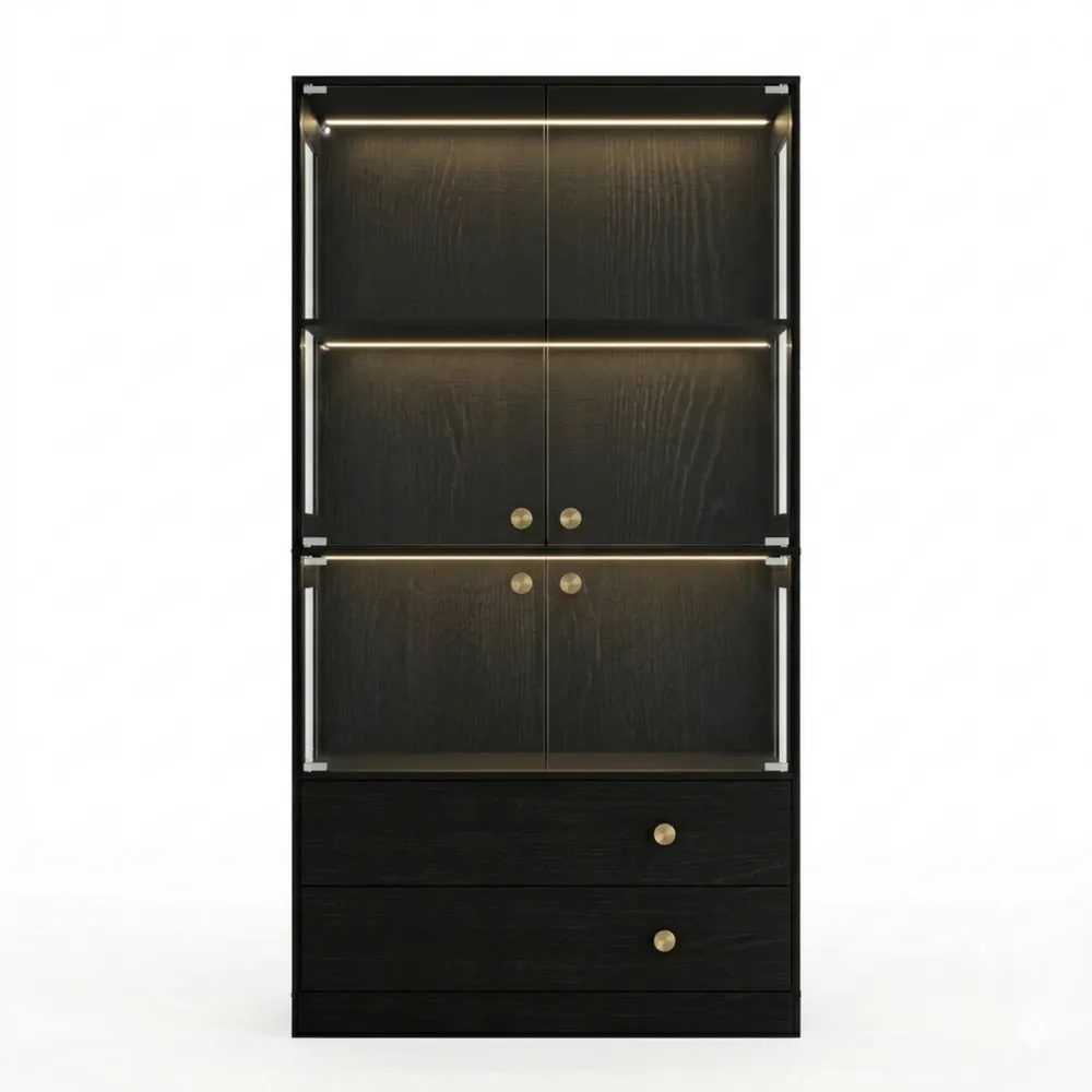 Hochwertige Standvitrine mit LED Beleuchtung und Glastüren, 4-stöckig für Wohn- und Schlafzimmer