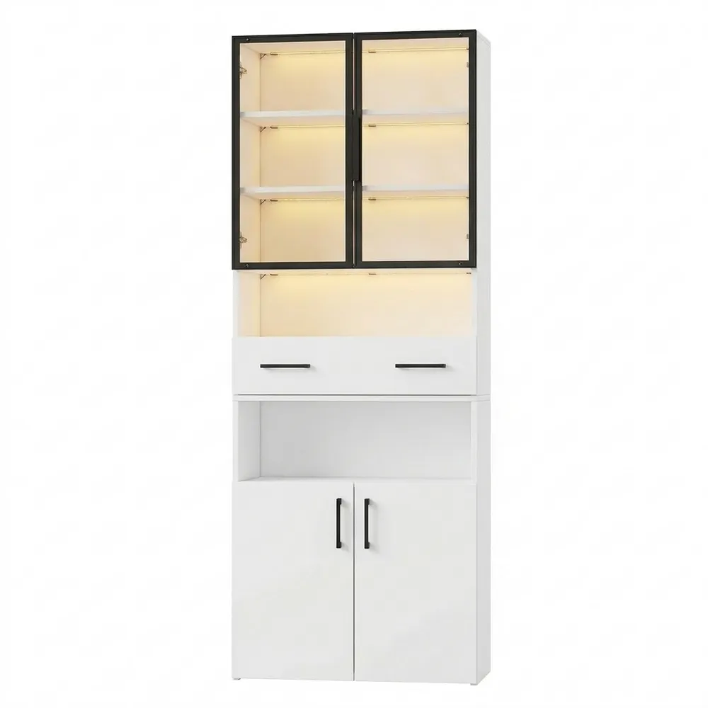 Hochschrank mit Glastür und LED-Beleuchtung, Mehrzweckvitrine mit Schubladen