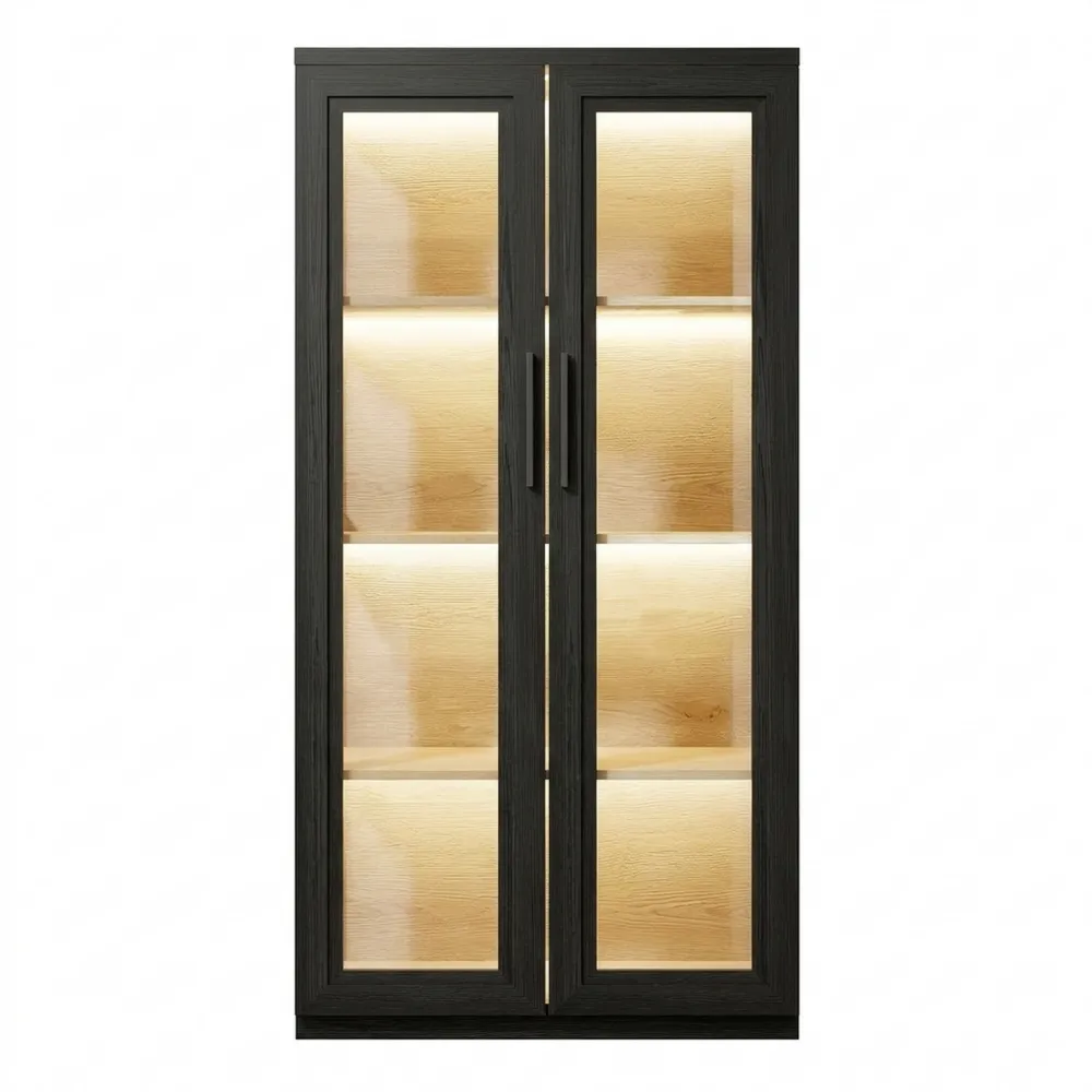 Vitrine mit LED-Beleuchtung und Glastüren, 4 Ebenen für Sammlerstücke, Wohnzimmer oder Arbeitszimmer, Schwarz