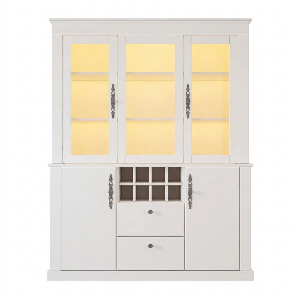 Multifunktionaler LED-Schrank mit Glastüren, Schubladen und Weinregalen, moderner Aufbewahrungsschrank in Weiß