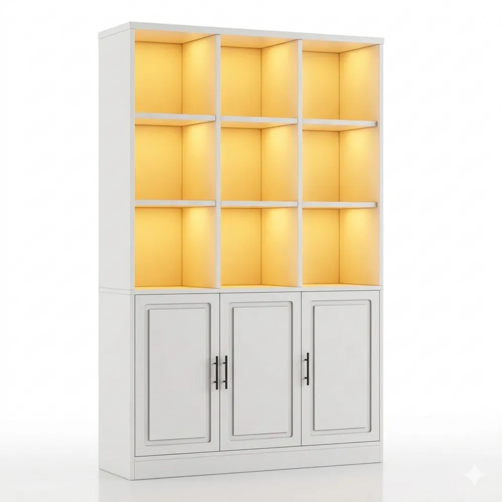 Großzügige LED-Glasvitrine mit verstellbaren Einlegeböden, 121,5x41x200cm, Weiß