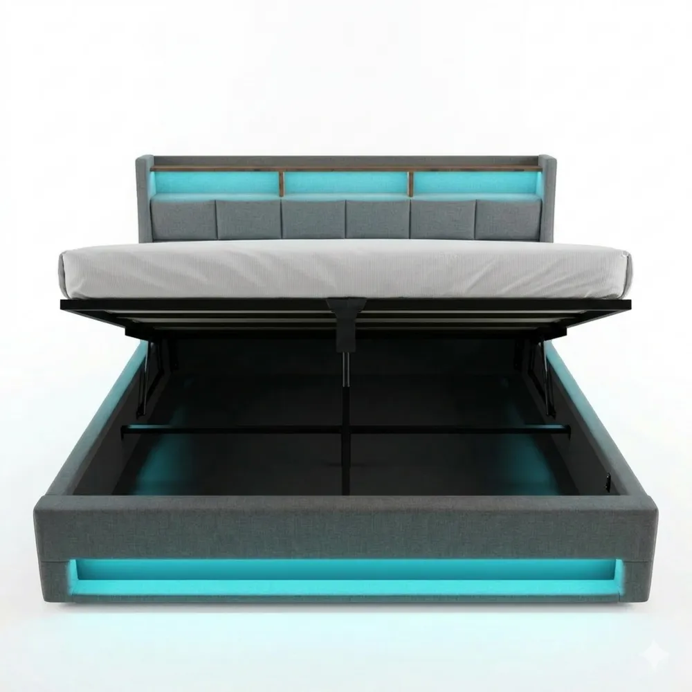 Hydraulisches Doppelbett mit LED, USB und Stauraum, 140x200 cm, Leinen, Grau