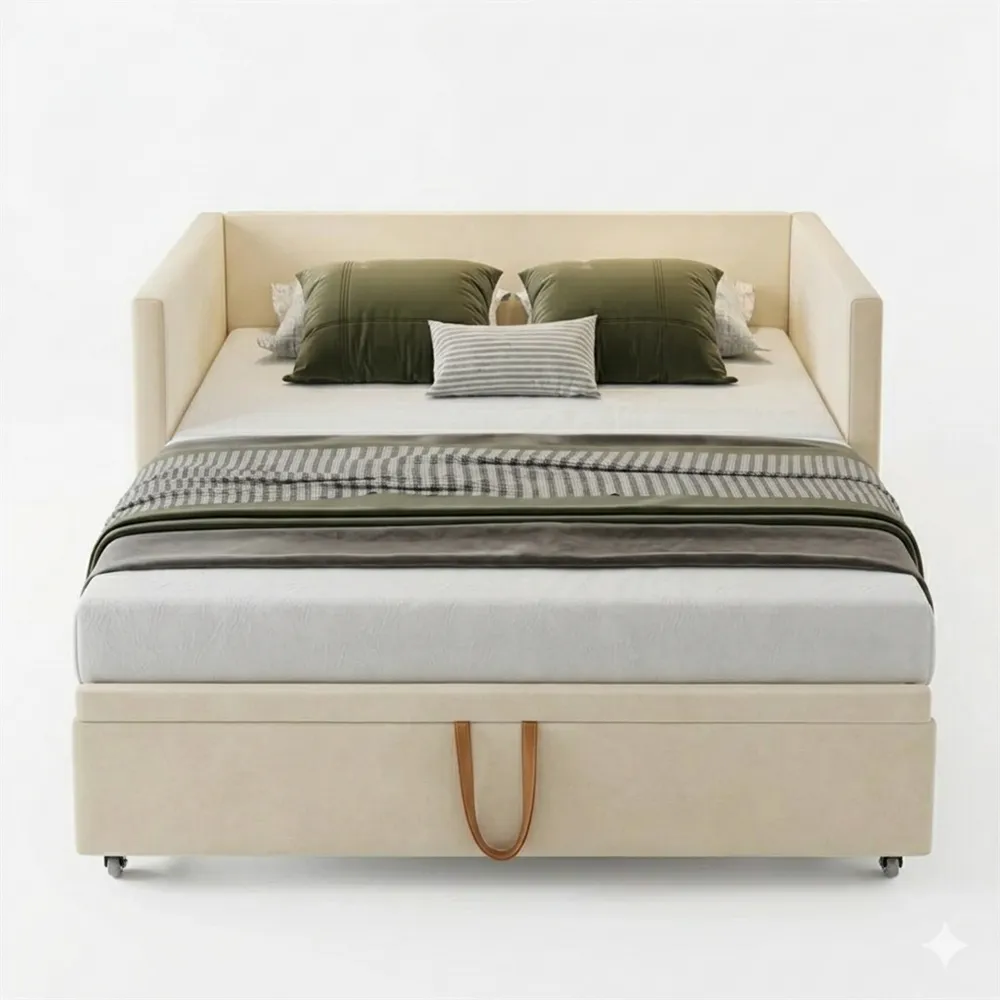 Verstellbares Schlafsofa für zwei Personen, Tagesbett mit Rückenlehne und Samtbezug, Lattenrost inkludiert, Beige 90/180x200cm