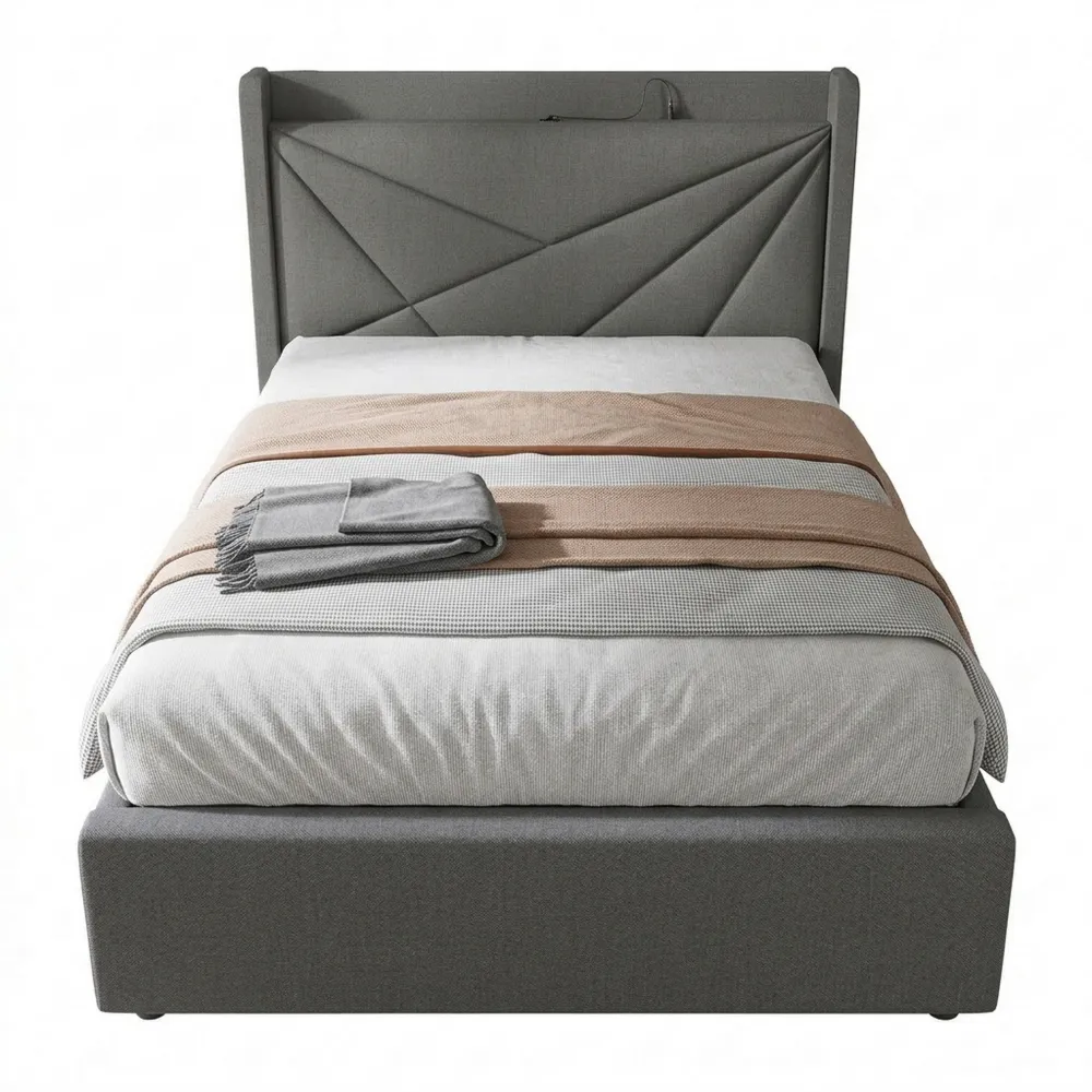 Einzelbett 90x200 cm mit Stauraum und Kopfteil, Polsterbett für Erwachsene ohne Matratze