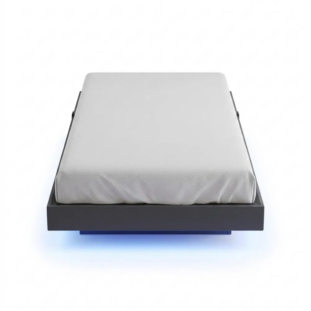 Einzelbett 90x200 mit LED und Ladestation, Stauraum und schwebendem Design, Metallrahmen in Grau