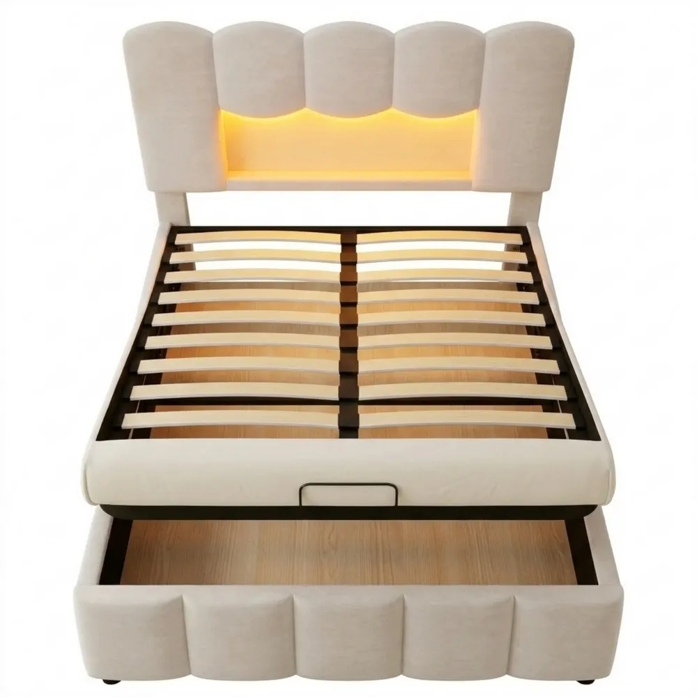 Höhenverstellbares Polsterbett mit LED und Hydraulik in Beige