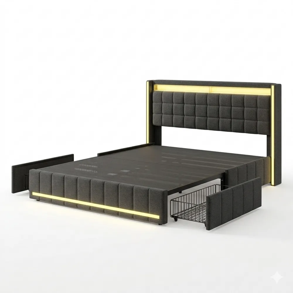 Doppelbett mit LED und Stauraum, inklusive Lattenrost, dunkelgrau