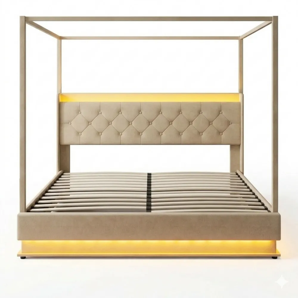 Doppelbett 140x200 mit Stauraum und LED-Beleuchtung, inkl. Lattenrost, modernes Design, Beige