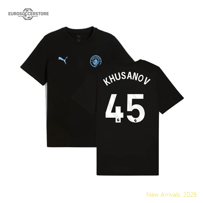 2025-2026 Man City FtblESS Tee (Black) (Khusanov 45)-Football Jersey Hub
